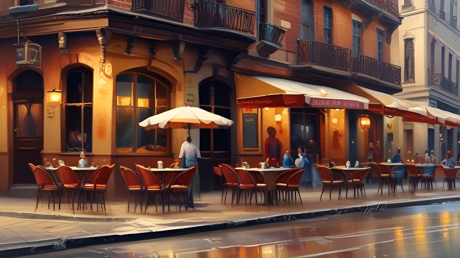 An oil painting style corner cafe with orange chairs, a white patio umbrella, brick balconies, and a wet street