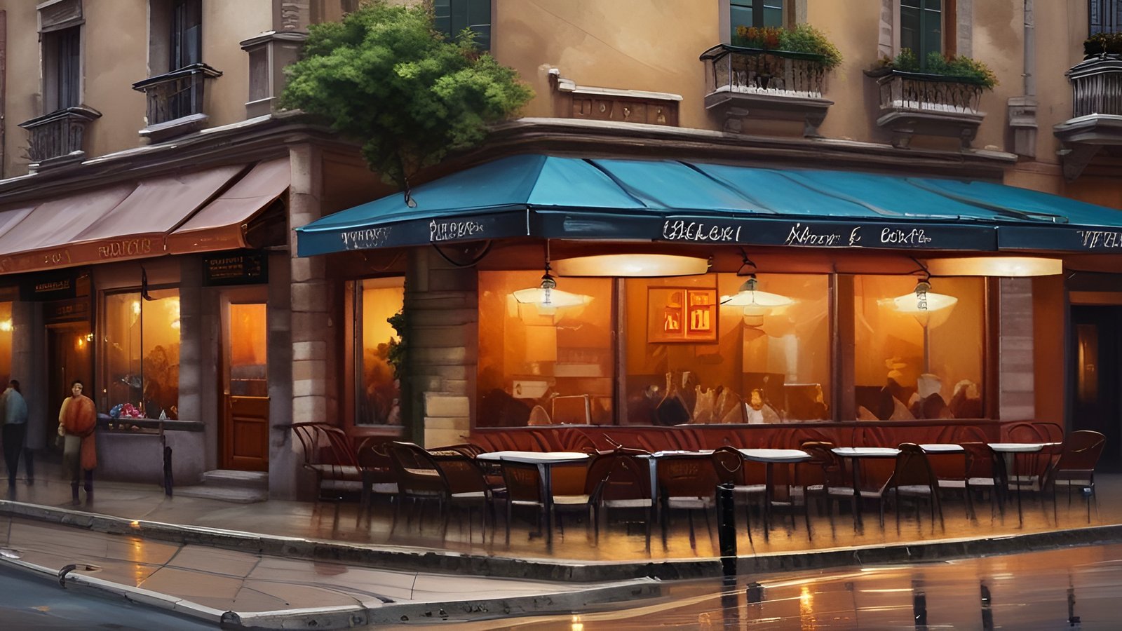 An oil painting style corner cafe with a teal awning, empty sidewalk tables, warm window glow, and a wet street