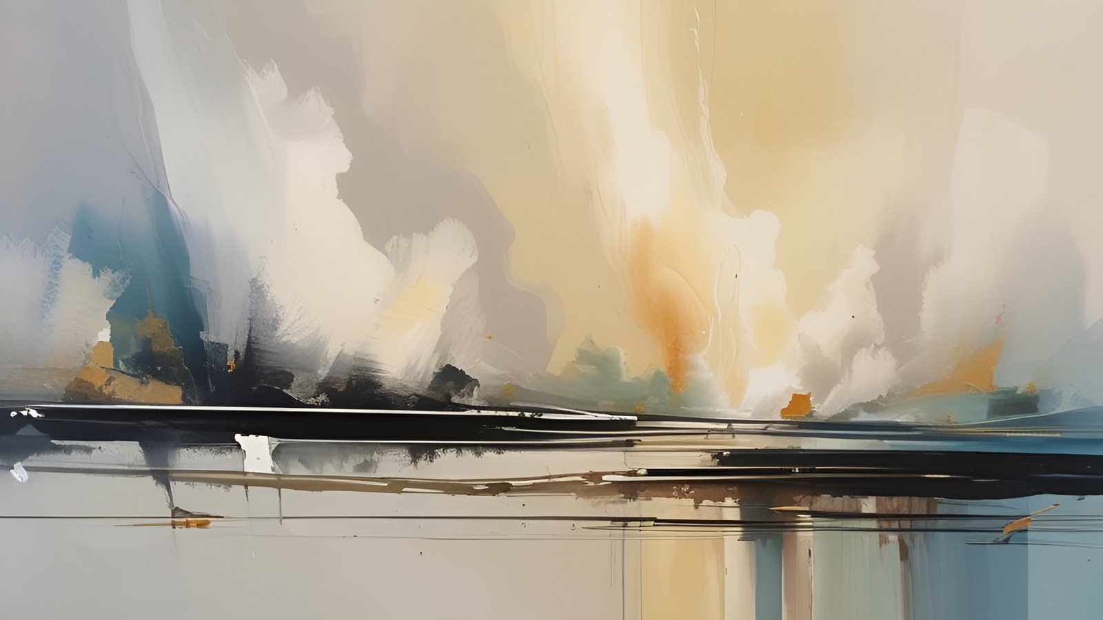 An abstract art of cream teal and gold paint masses split by a dark horizontal band over pale water