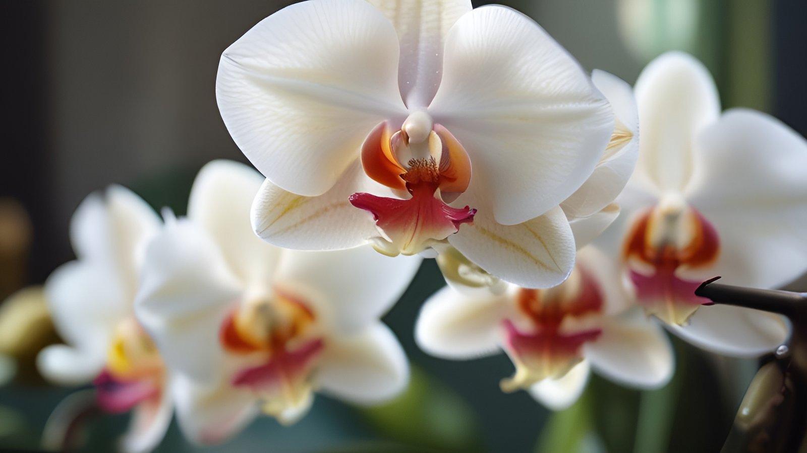 A floral photograph of cream white phalaenopsis orchids with pink orange centers near a dark indoor window