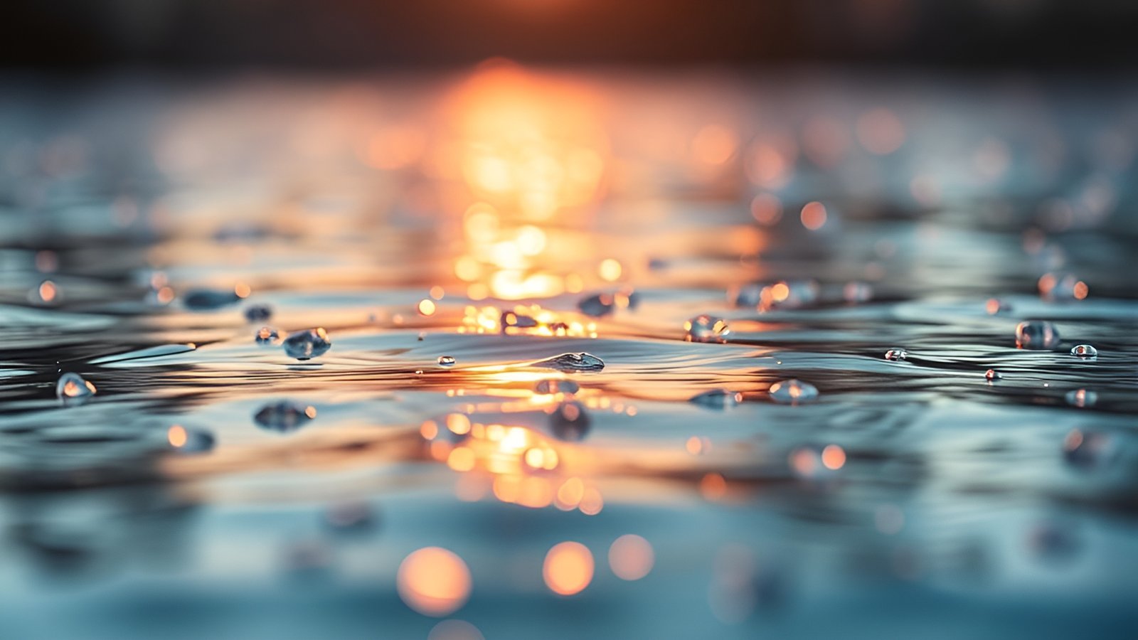 Water droplets on surface reflecting sunset with bokeh effects