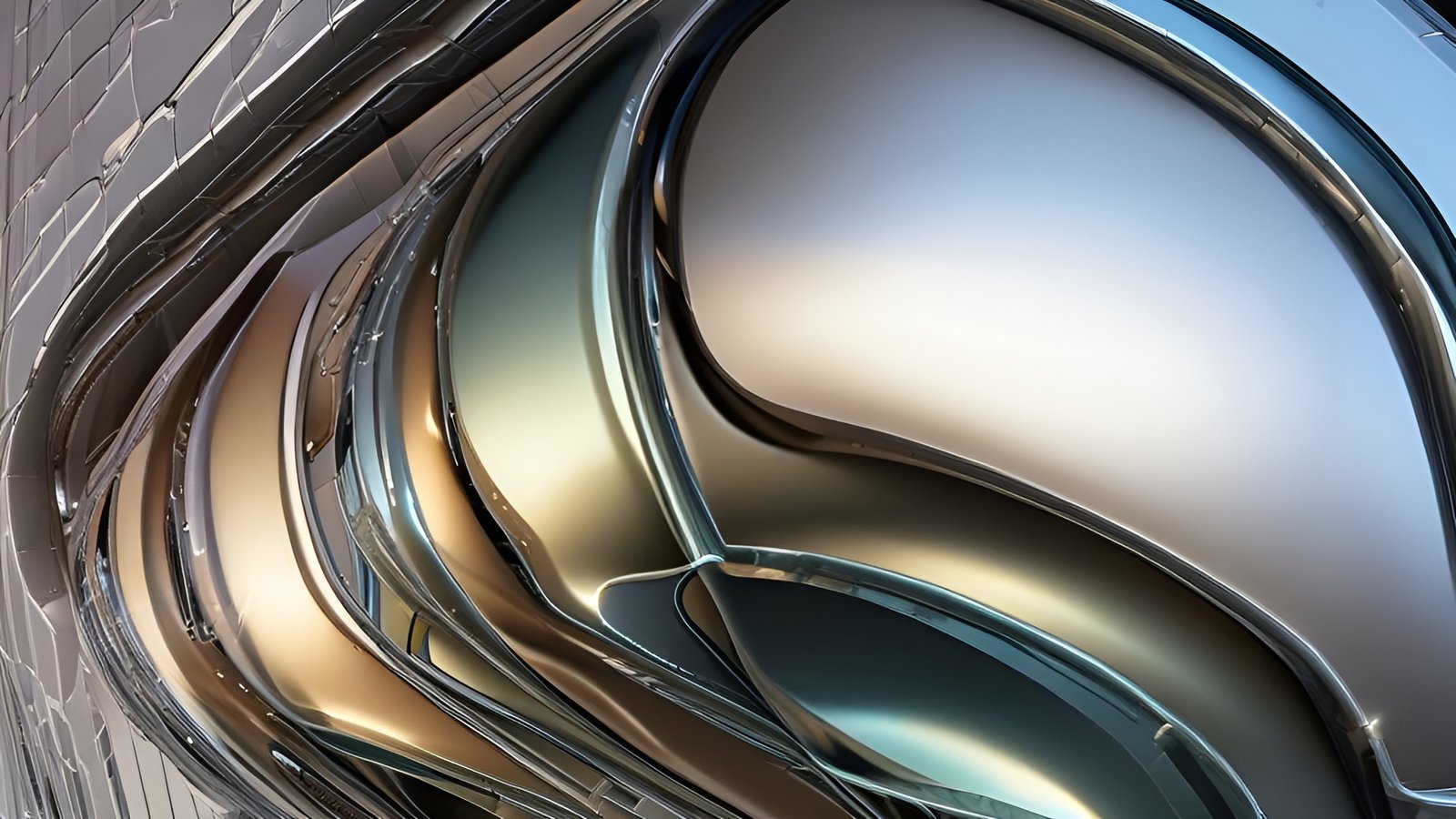 An abstract art of curved chrome gold and steel forms beside a tiled wall in silver and bronze