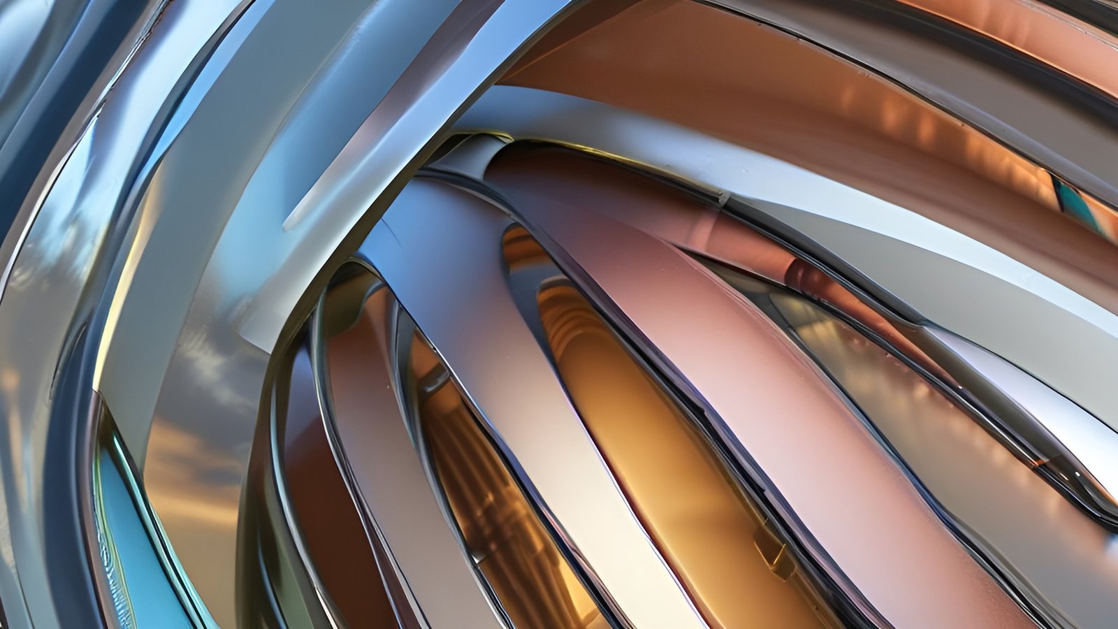 An abstract art of curved metallic ribbons in bronze copper and silver glass