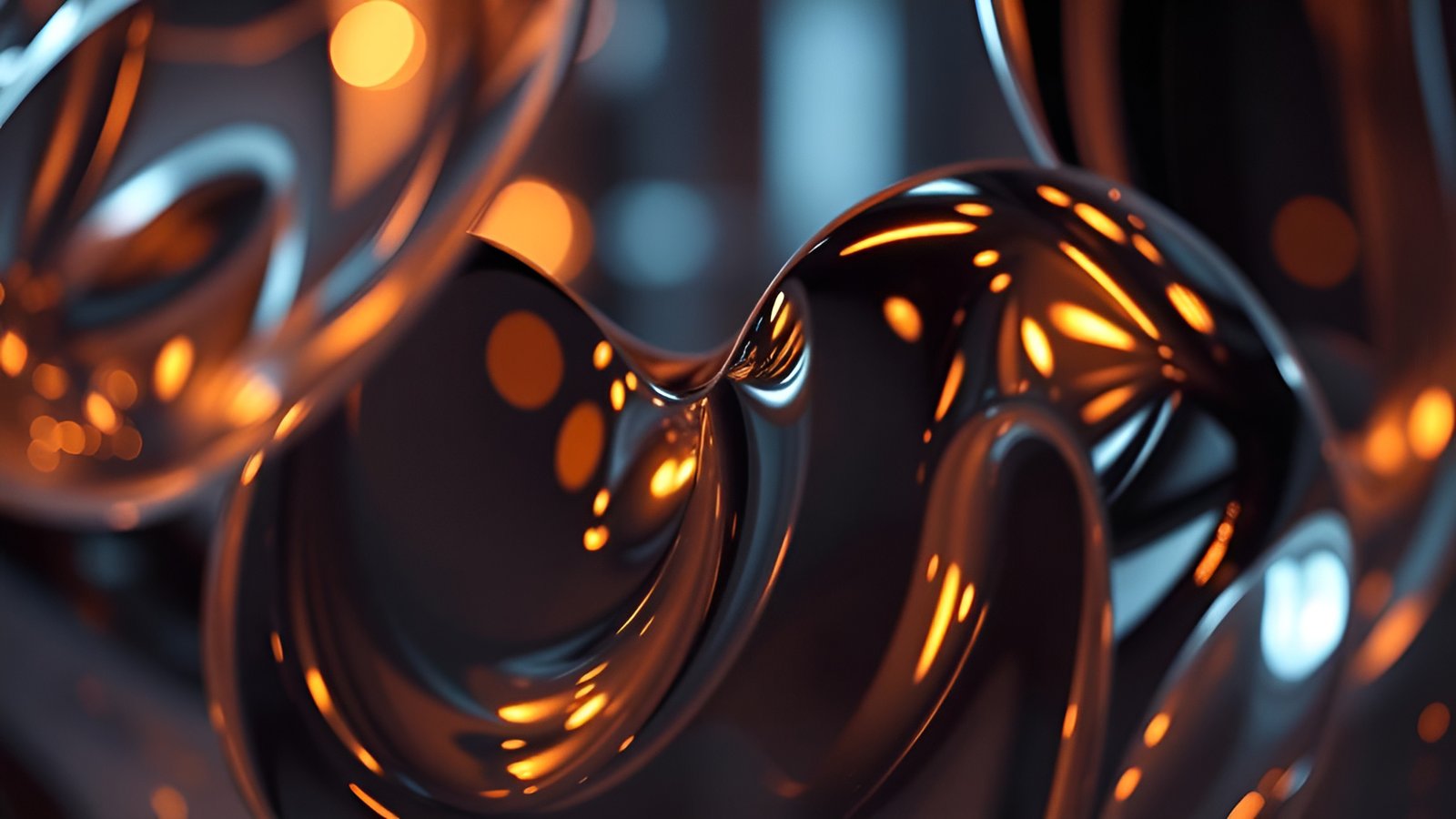 An abstract art of dark glossy amber and black curved glass with orange highlights