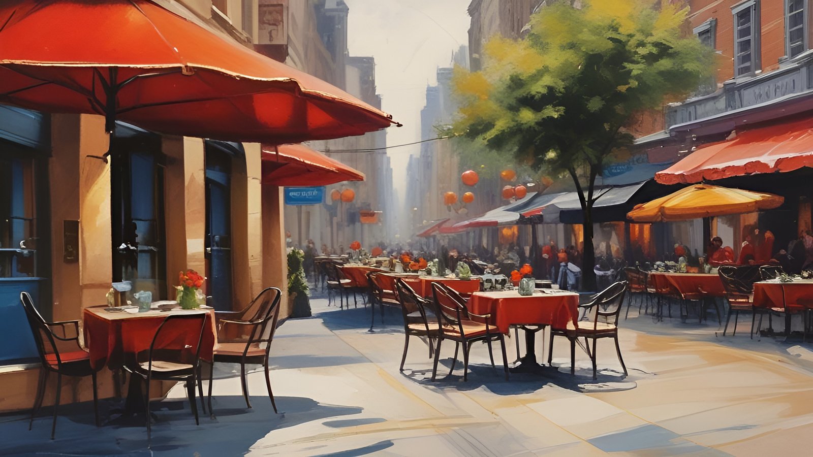 An oil painting style daytime cafe street with red umbrellas, red tablecloths, a yellow umbrella, and a green street tree