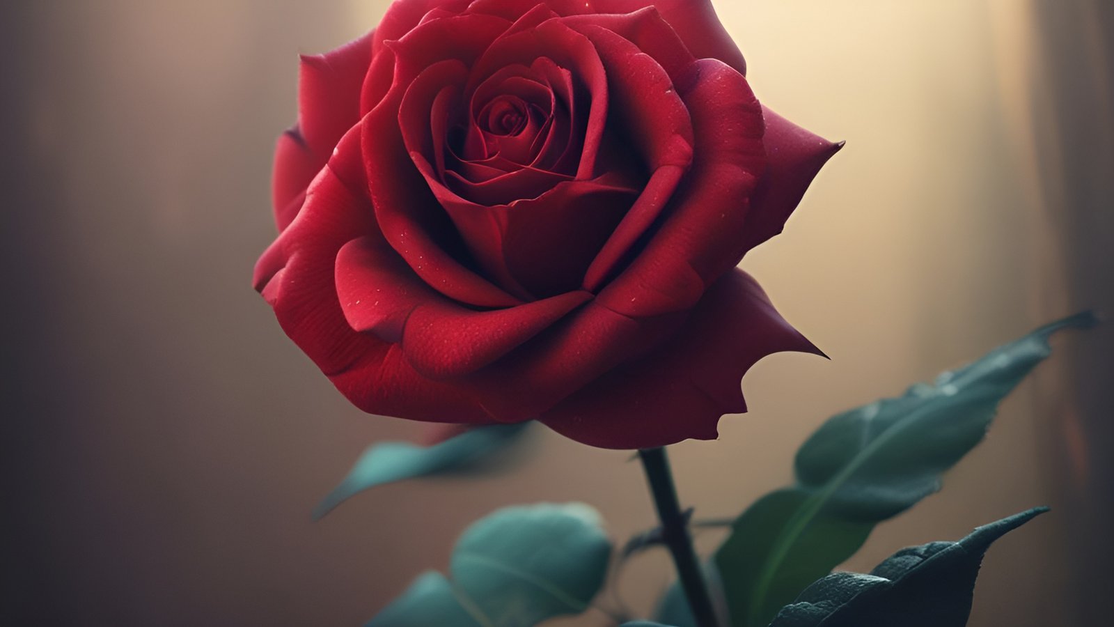 A floral photograph of a deep red rose bloom with dew on the petals and dark green leaves in warm indoor light