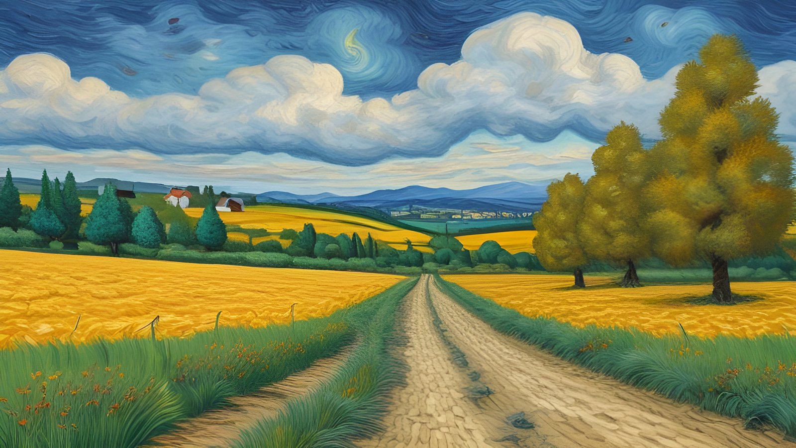 An oil painting style dirt farm road through gold wheat fields with green trees, farmhouses, swirling blue and white clouds, and distant blue hills