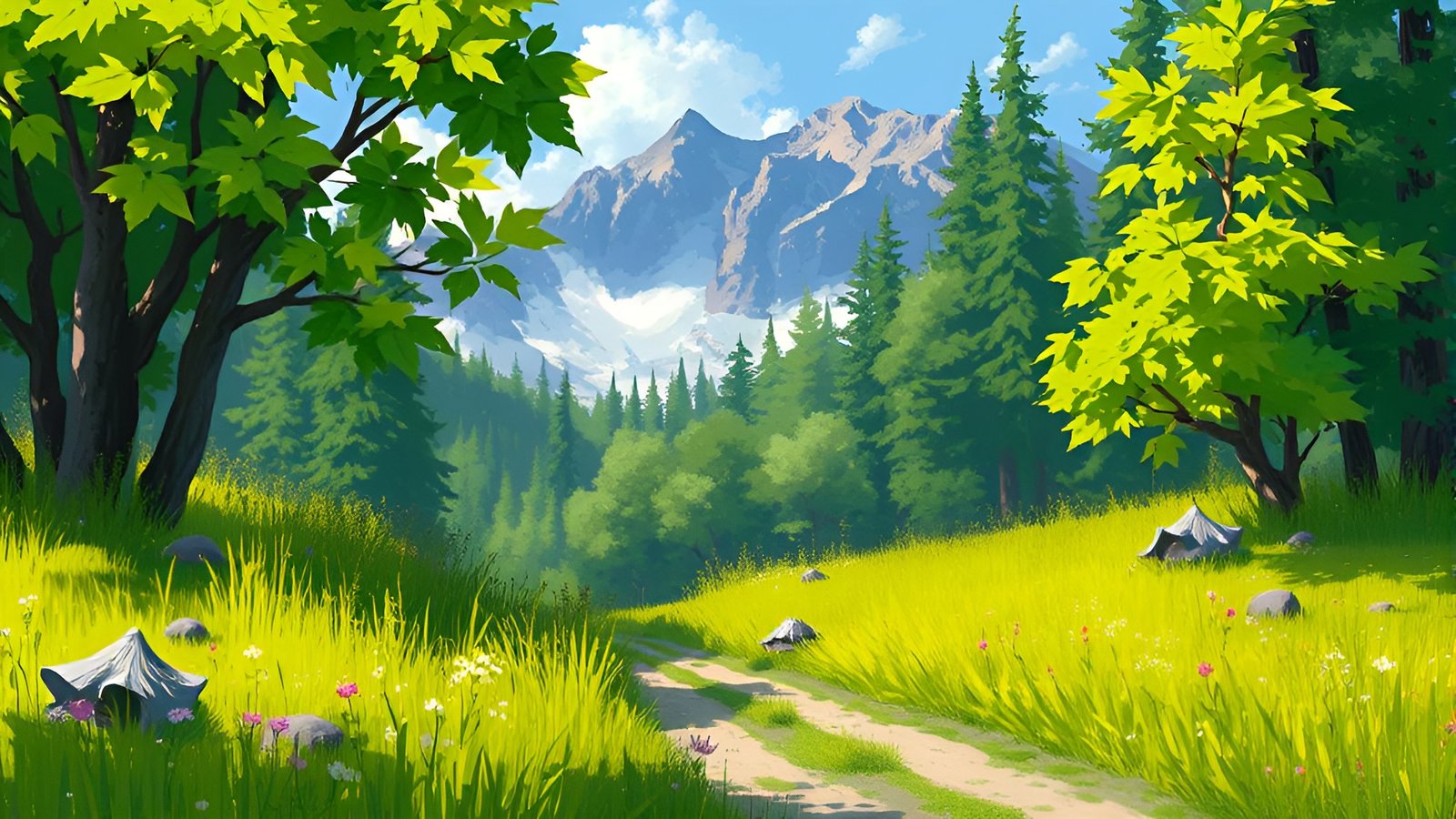 A cartoon image of a dirt track through a bright meadow with two small tents, maple and pine trees, and a snowy mountain