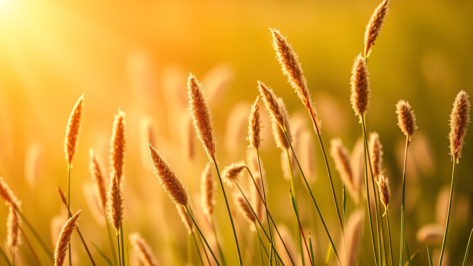 A nature photograph of foxtail grass in golden sunlight in a meadow