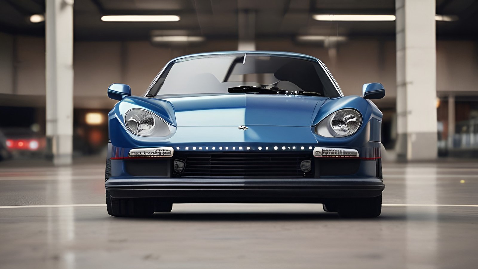 A creative photograph front view of a blue coupe in a parking garage with round headlights and an LED bar on a concrete floor
