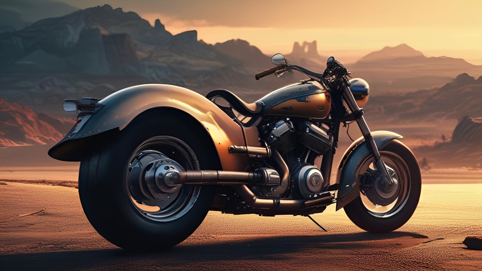 A creative photograph of a gold and bronze cruiser motorcycle parked on desert pavement at sunset with chrome pipes and mesas under an amber sky