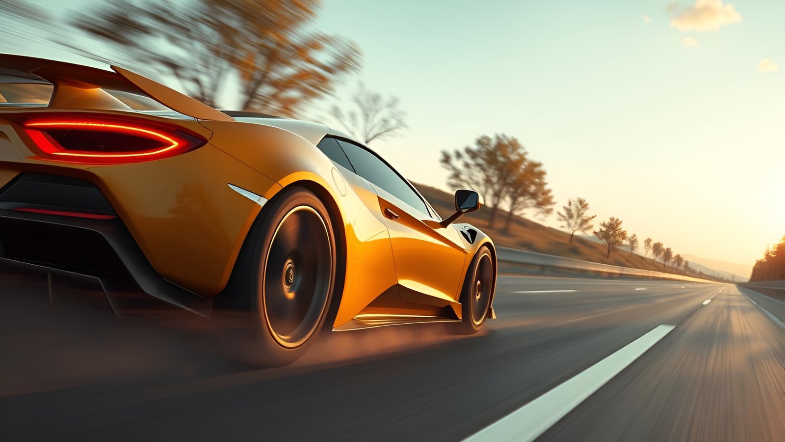 A 3d poster art gold supercar on a sunset highway with trees