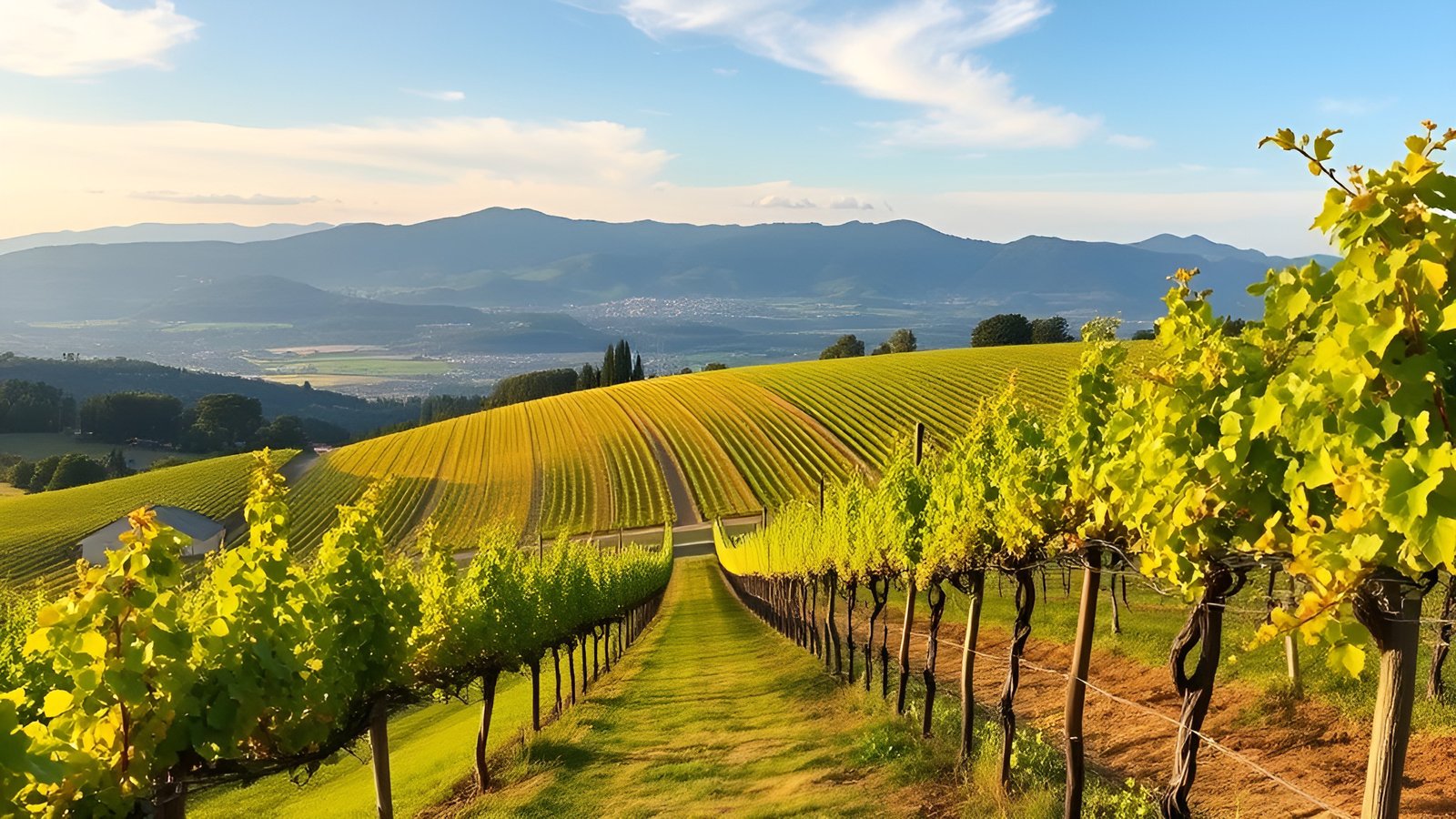 A nature photograph of gold vineyard hills over a mountain valley