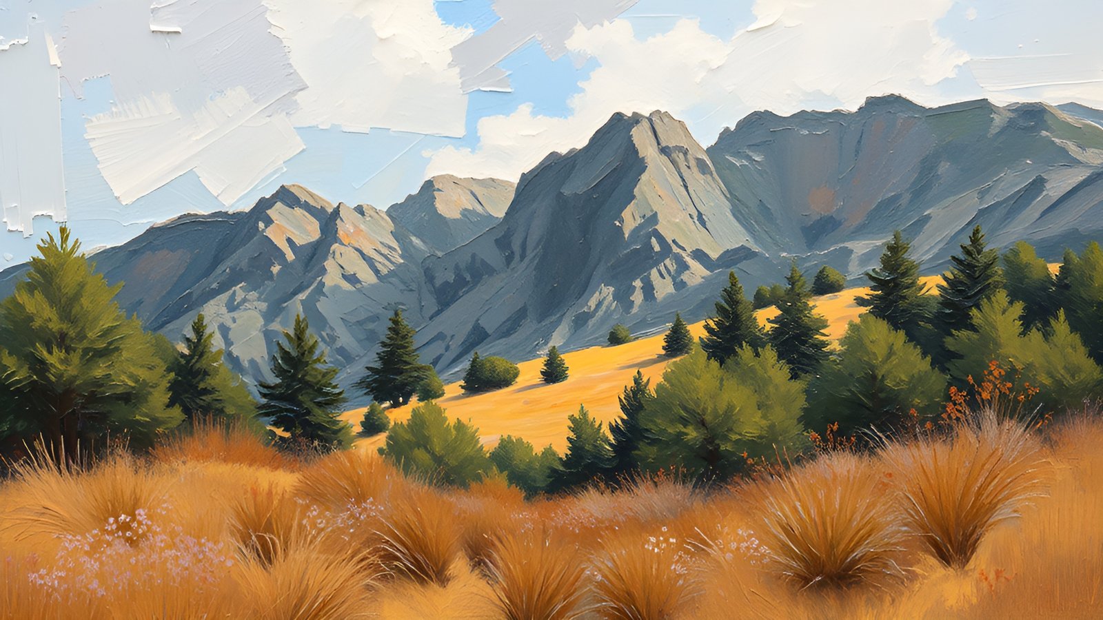 Golden grass field with pine trees and gray mountains under blue sky with white clouds