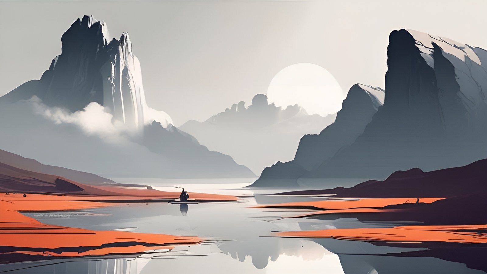 A modern art of gray cliff peaks and a pale sun over a still lake with orange sand banks and a small boat with a lone fisher