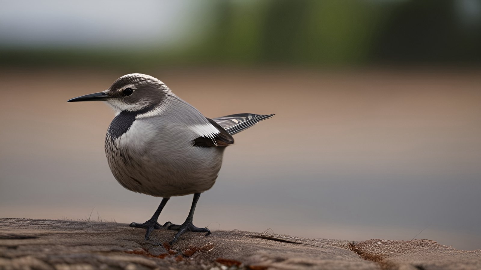 A nature photograph of a gray songbird with a white wing patch and dark bill standing on weathered wood