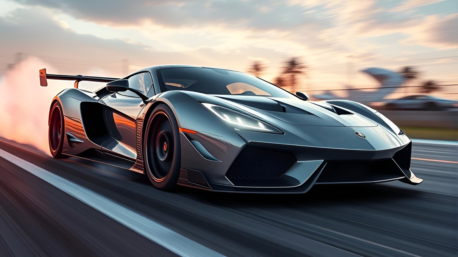 A 3d poster art gray supercar with tire smoke and palm trees on a track