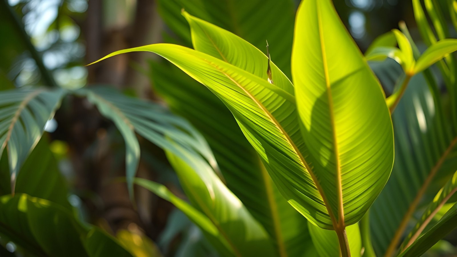 Green banana leaves with red veins and sunlight rays in tropical natural setting