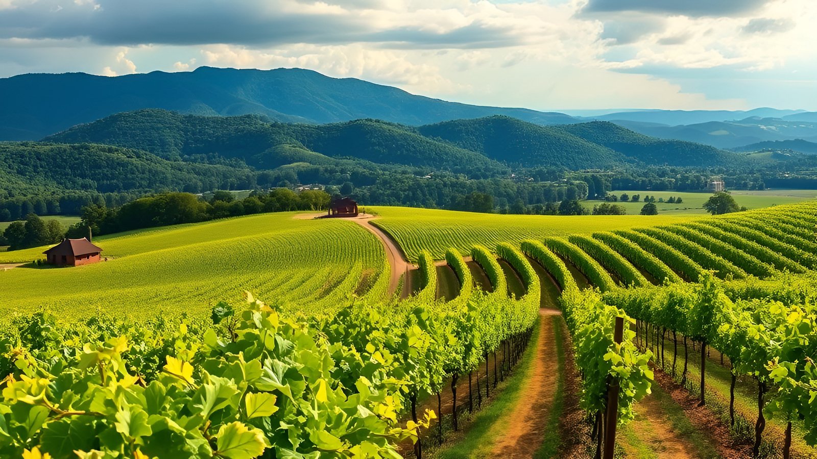 A nature photograph of green vineyard rows along a dirt path with blue mountains