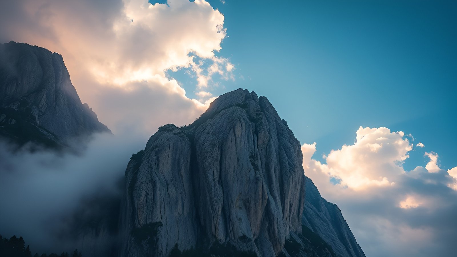 A nature photograph of a grey limestone mountain peak with mist clouds under a blue sky