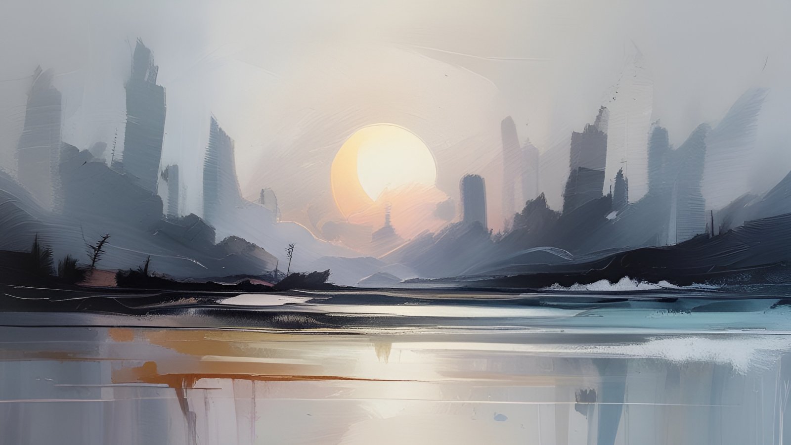 An abstract art of a hazy gray skyline and pale sun over still water with gold and teal reflections