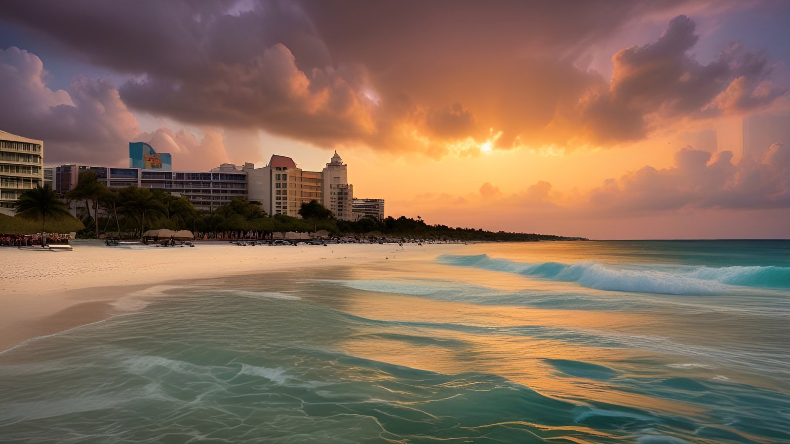 A nature photograph of hotel towers and palms along a white sand beach with turquoise surf at an orange Cancun style sunset