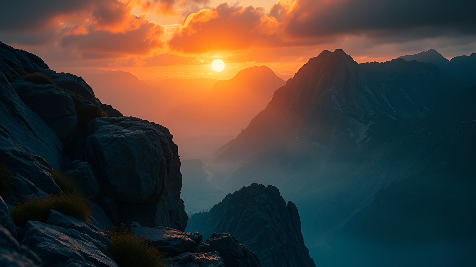 Jagged mountains at sunset with sun peeking through cloudy sky and rocky foreground