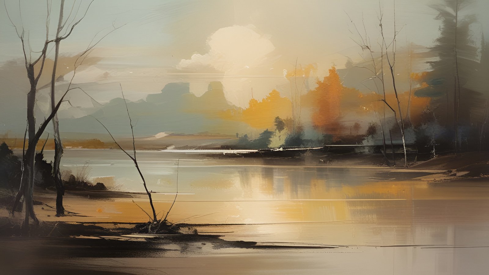 An oil painting style lake shore with bare trees, gold and gray water, and autumn woods