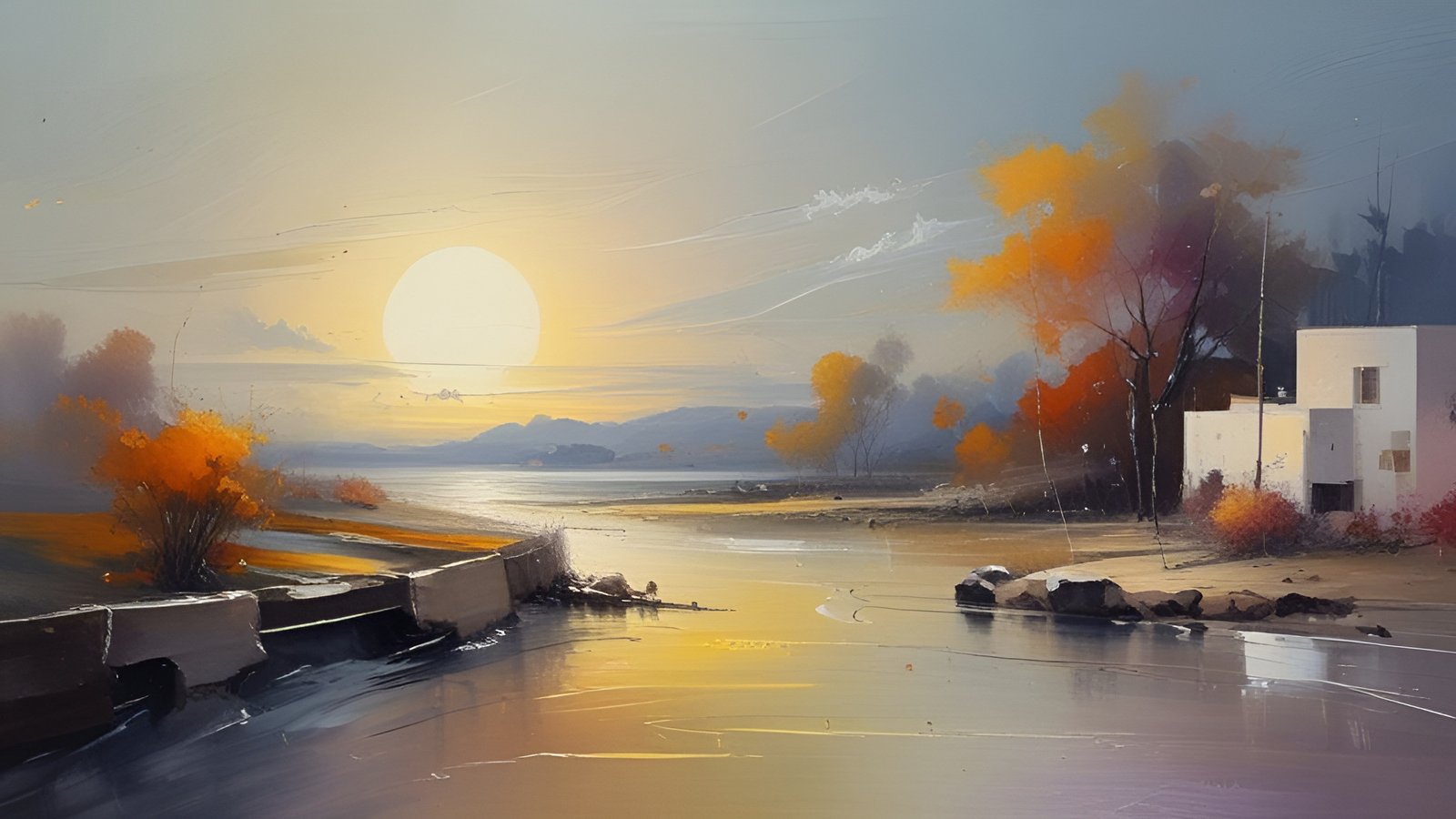 An oil painting style lakeside sunset with a white house, orange autumn trees, a low wall, and a yellow sun