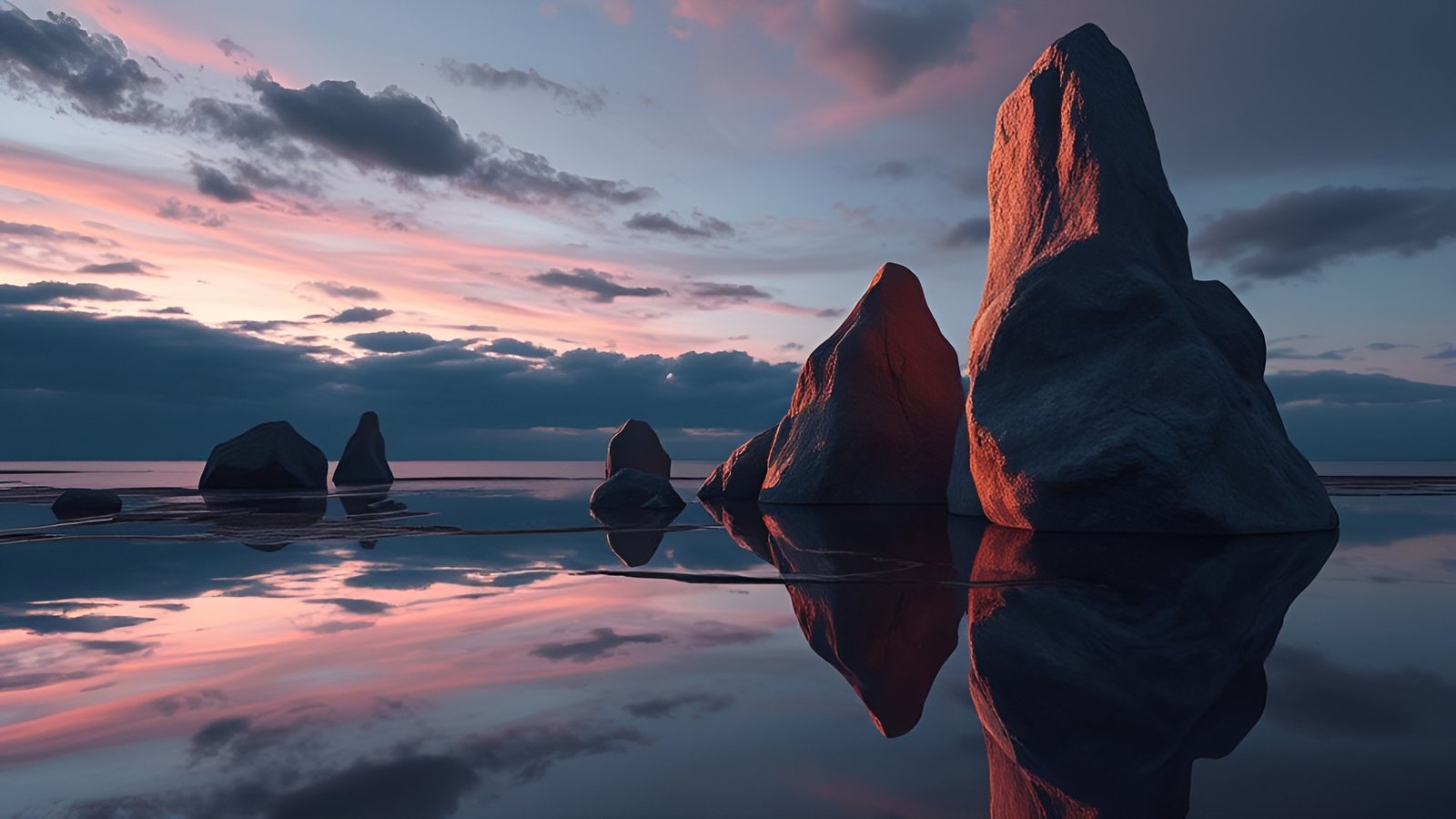 Large rock formations emerging from shallow water reflecting pink sunset sky and clouds
