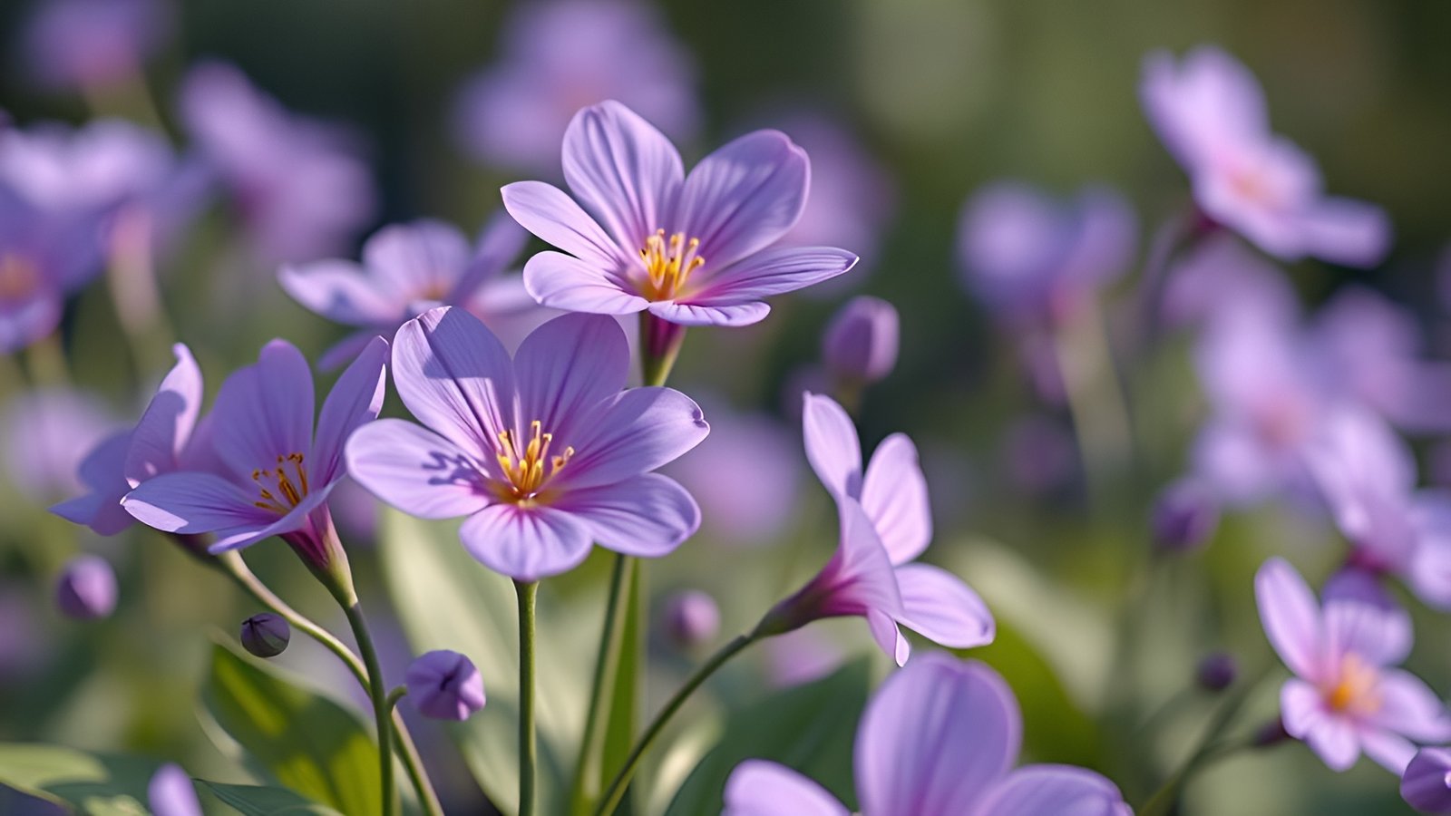 A floral photograph of lilac spring stars with yellow centers