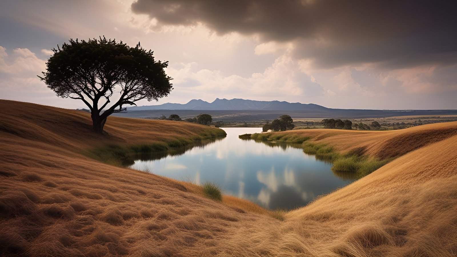 A nature photograph of a lone tree, golden grass, a pond, and mountains