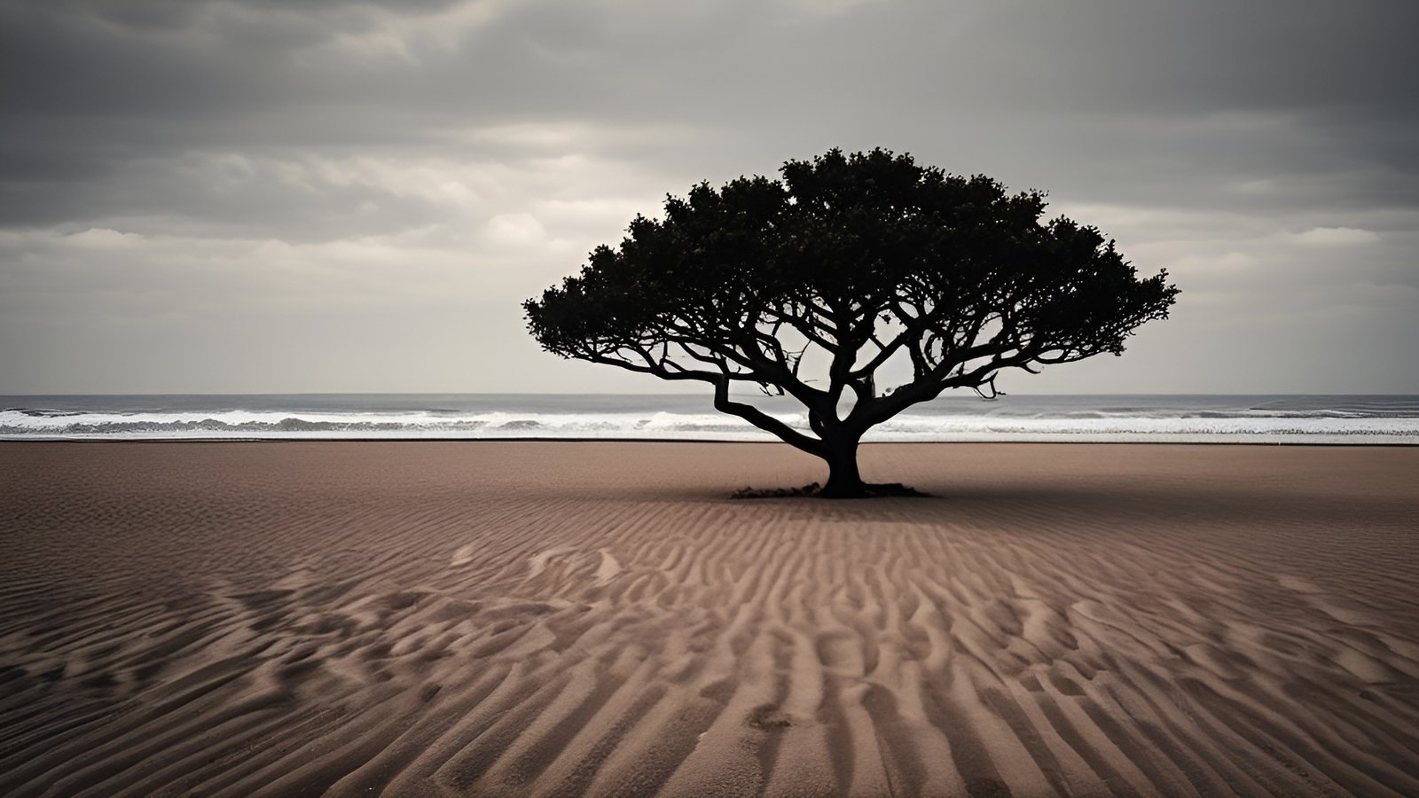 An artistic photograph of a lone tree on sandy beach with waves and cloudy sky