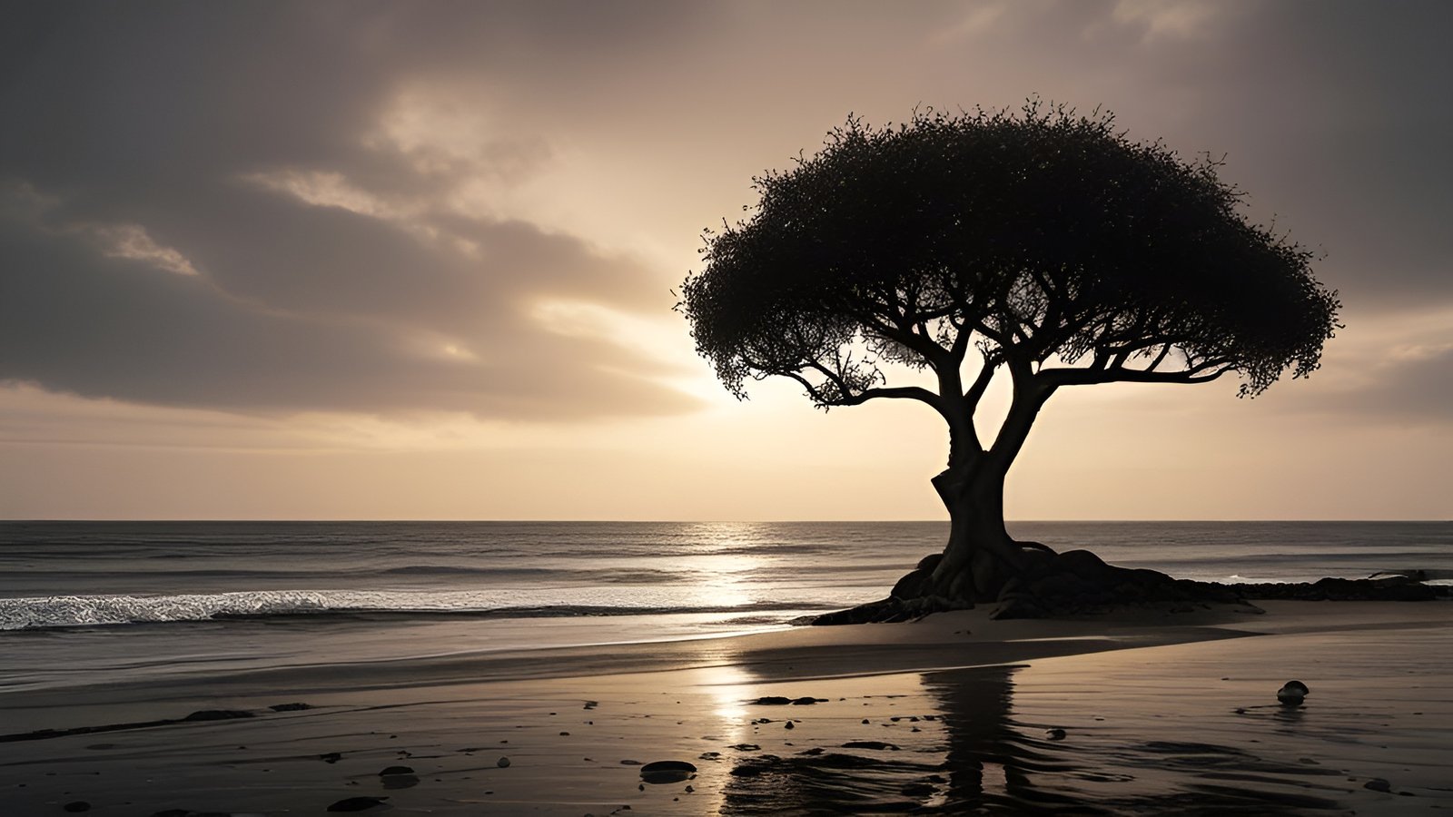 A nature photograph of a lone tree on wet sand at a sunset ocean beach