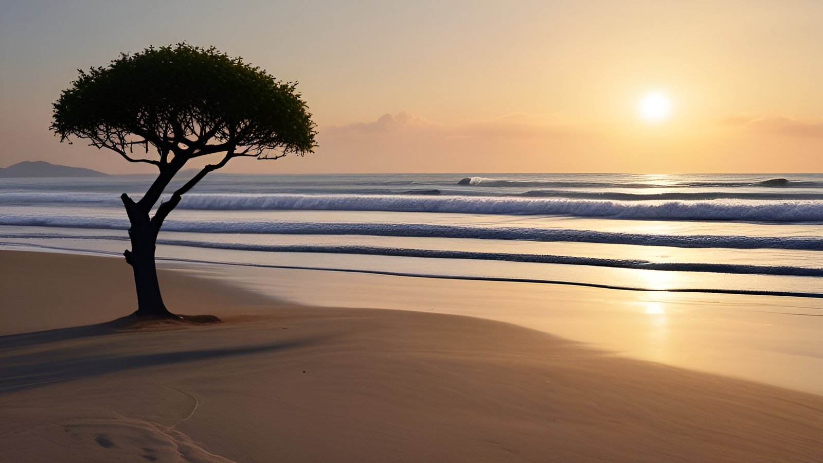 A nature photograph of a lone umbrella tree on a sandy beach at golden sunset with ocean waves