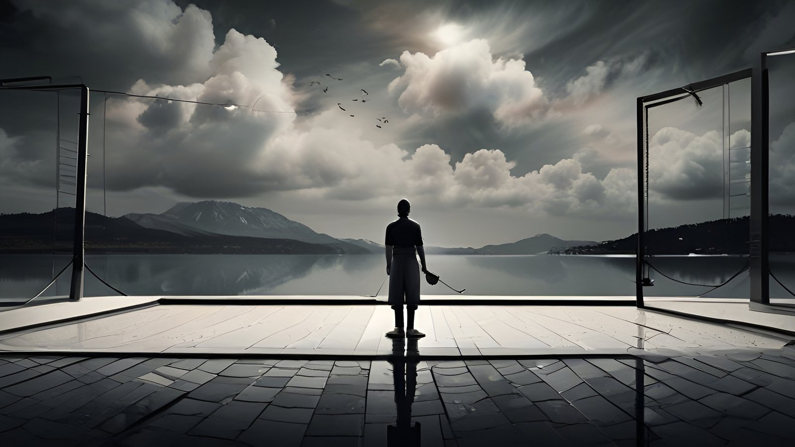 A creative photograph of a man on a lake deck facing mountains, clouds, and birds
