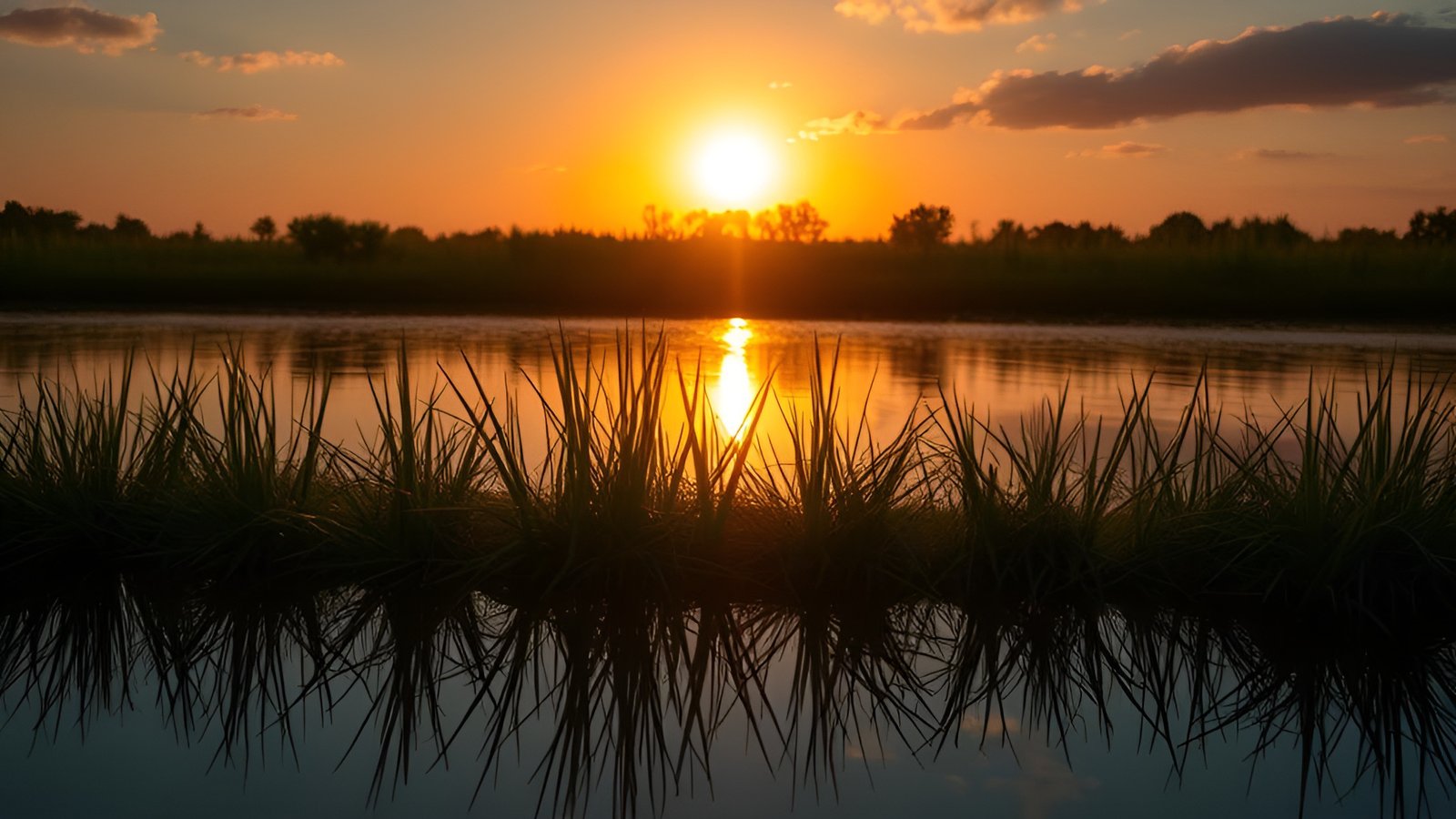 A nature photograph of marsh grass at sunset with a water reflection