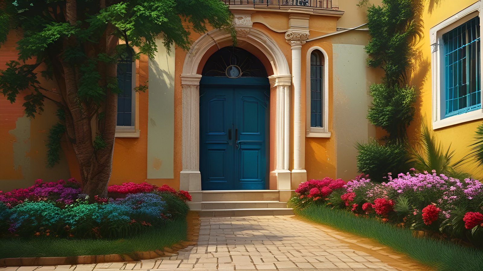 An oil painting style of a Mediterranean house with a teal arched door, flower beds, and a stone walk