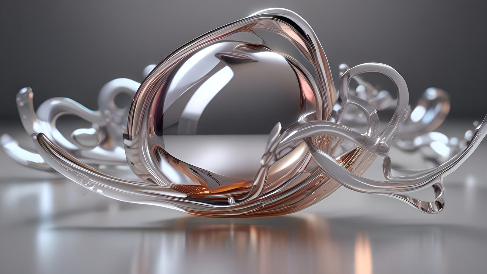 Metallic sculpture with twisted tendrils and spherical center in silver and copper tones on gray background