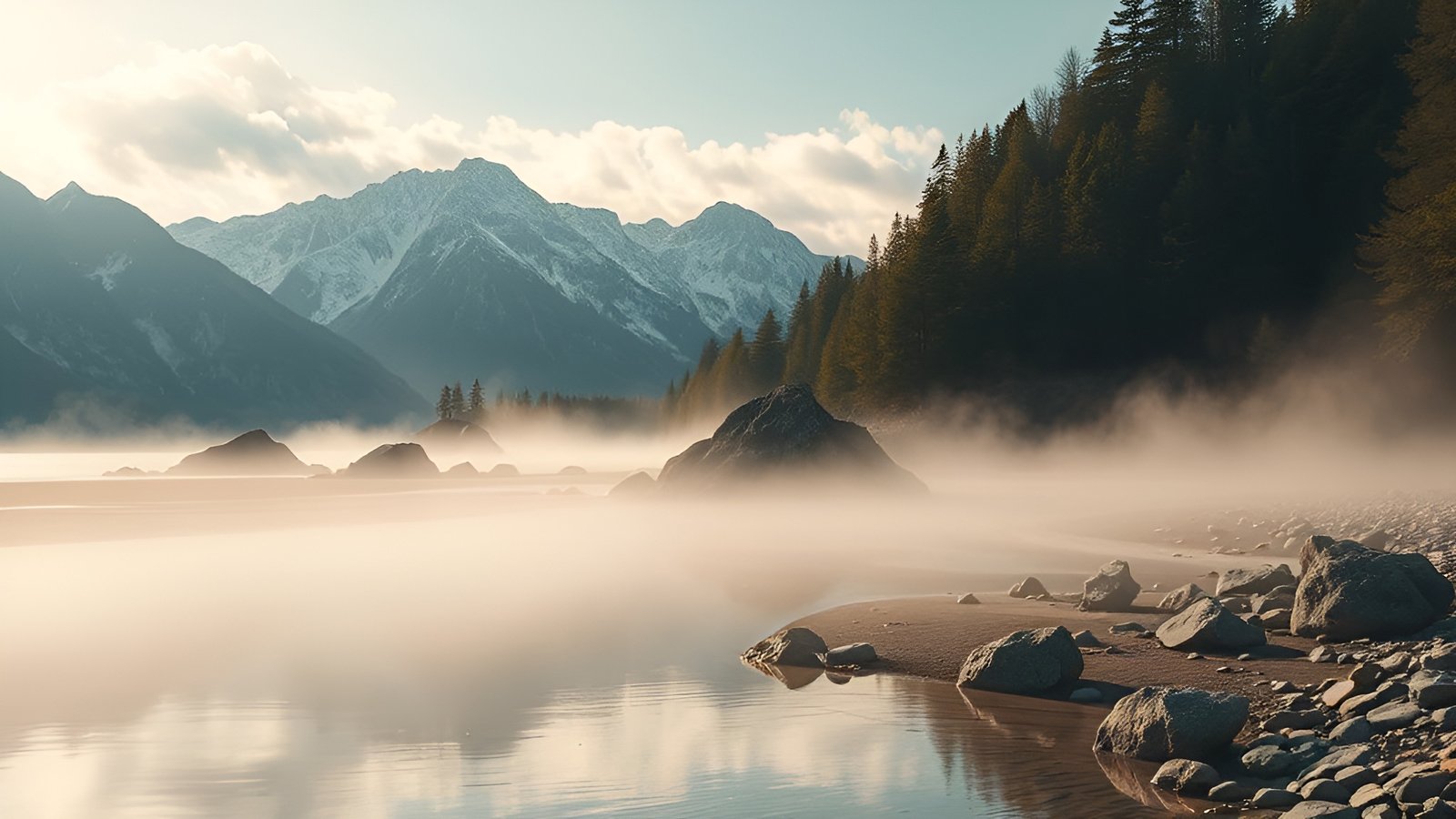 Misty lake with snow capped mountains in background and forest trees along rocky shoreline
