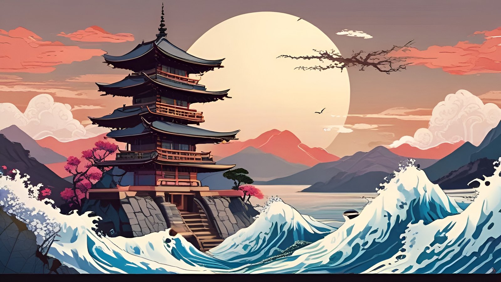 A poster art of a multi-story pagoda on a stone base with blue white waves, a huge pale sun, and pink cherry trees
