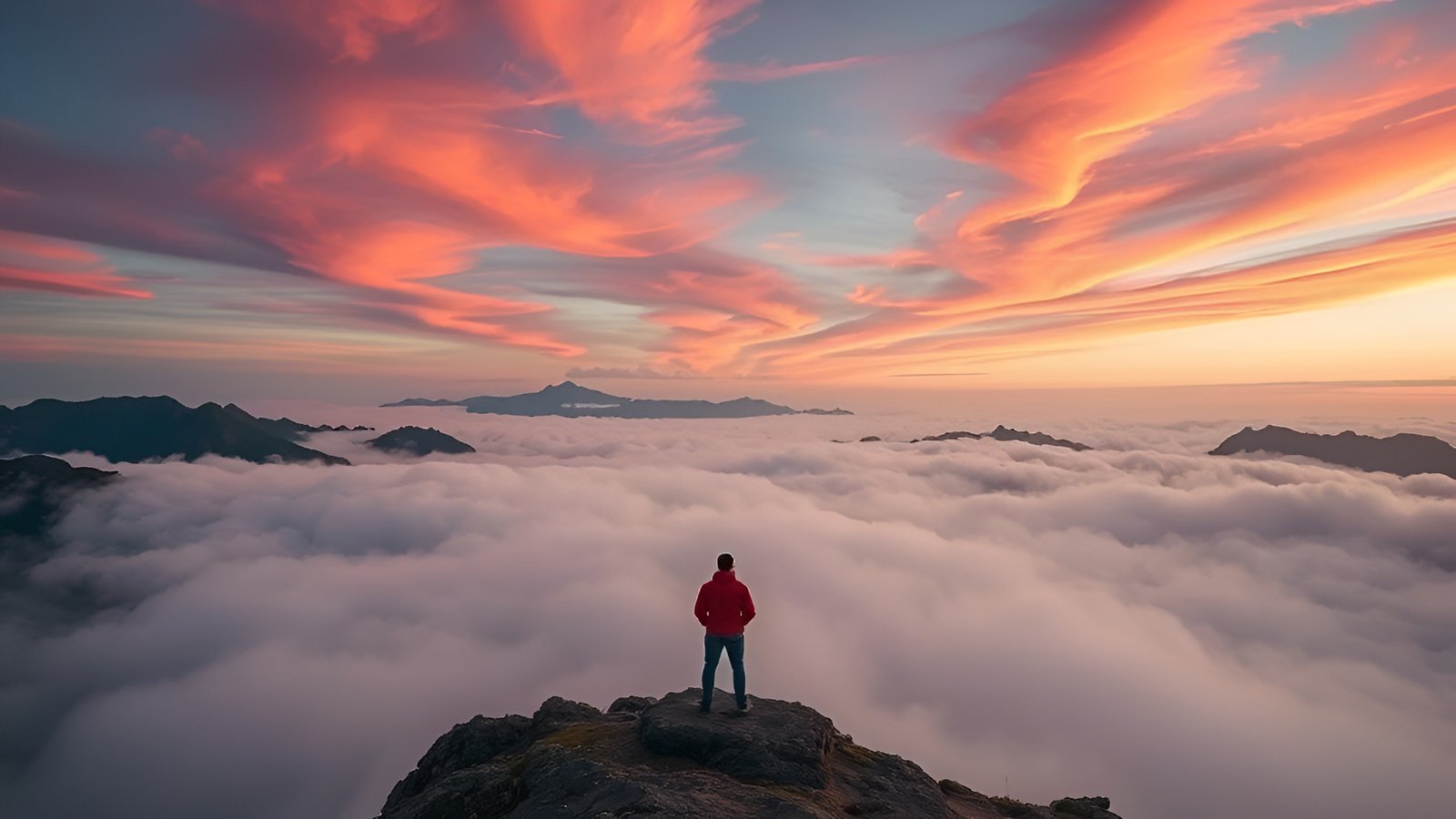 Nature photograph of a person standing on mountain peak overlooking clouds at sunset
