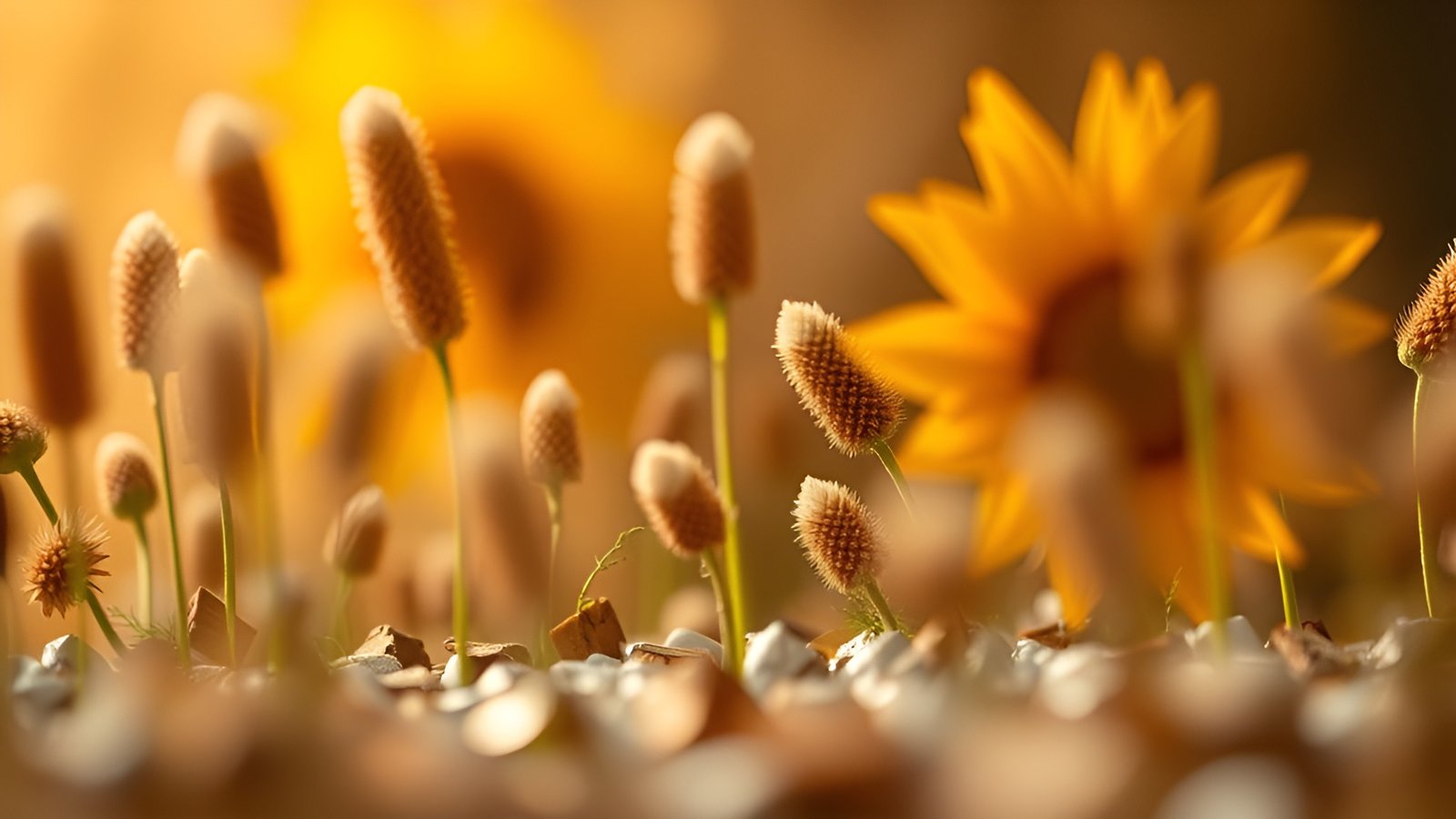 Close-up nature photograph of bunny tail grass spikes with sunflower in golden light