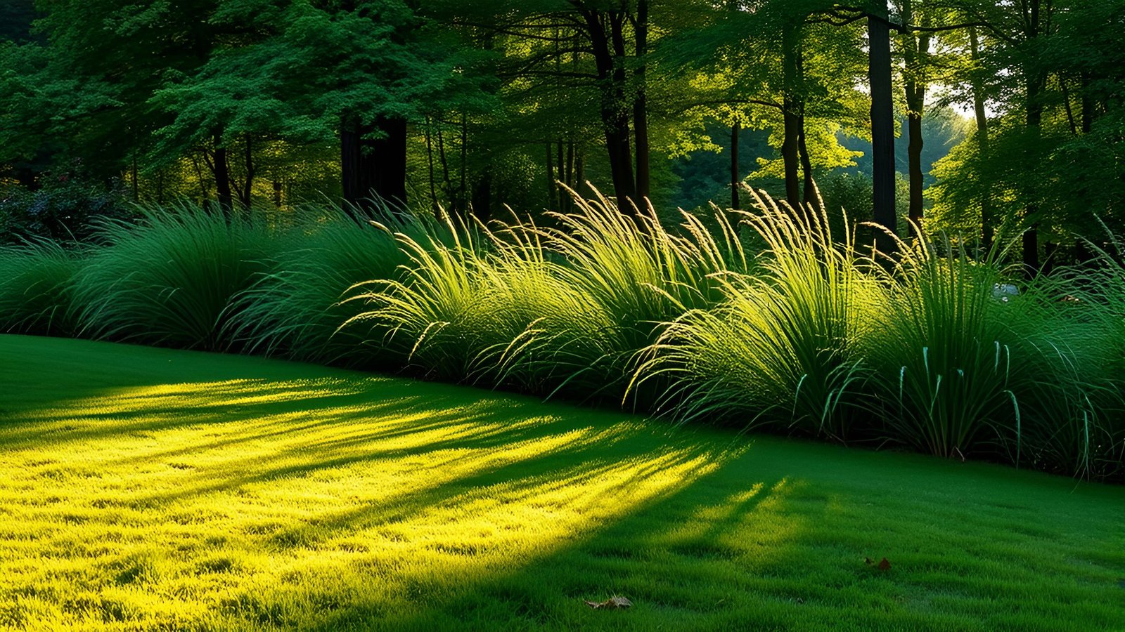 Green grass with sunlight shadows from forest trees in park setting