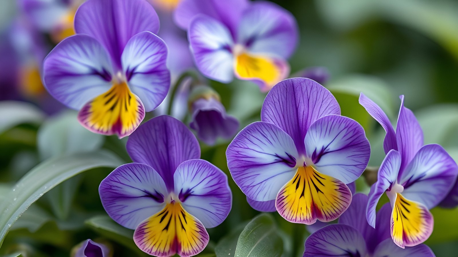 Close-up nature photograph of purple pansies with yellow centers and green leaves