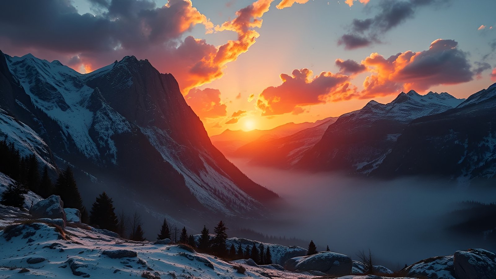 Snowy mountains at sunset overlooking valley with mist and pine trees