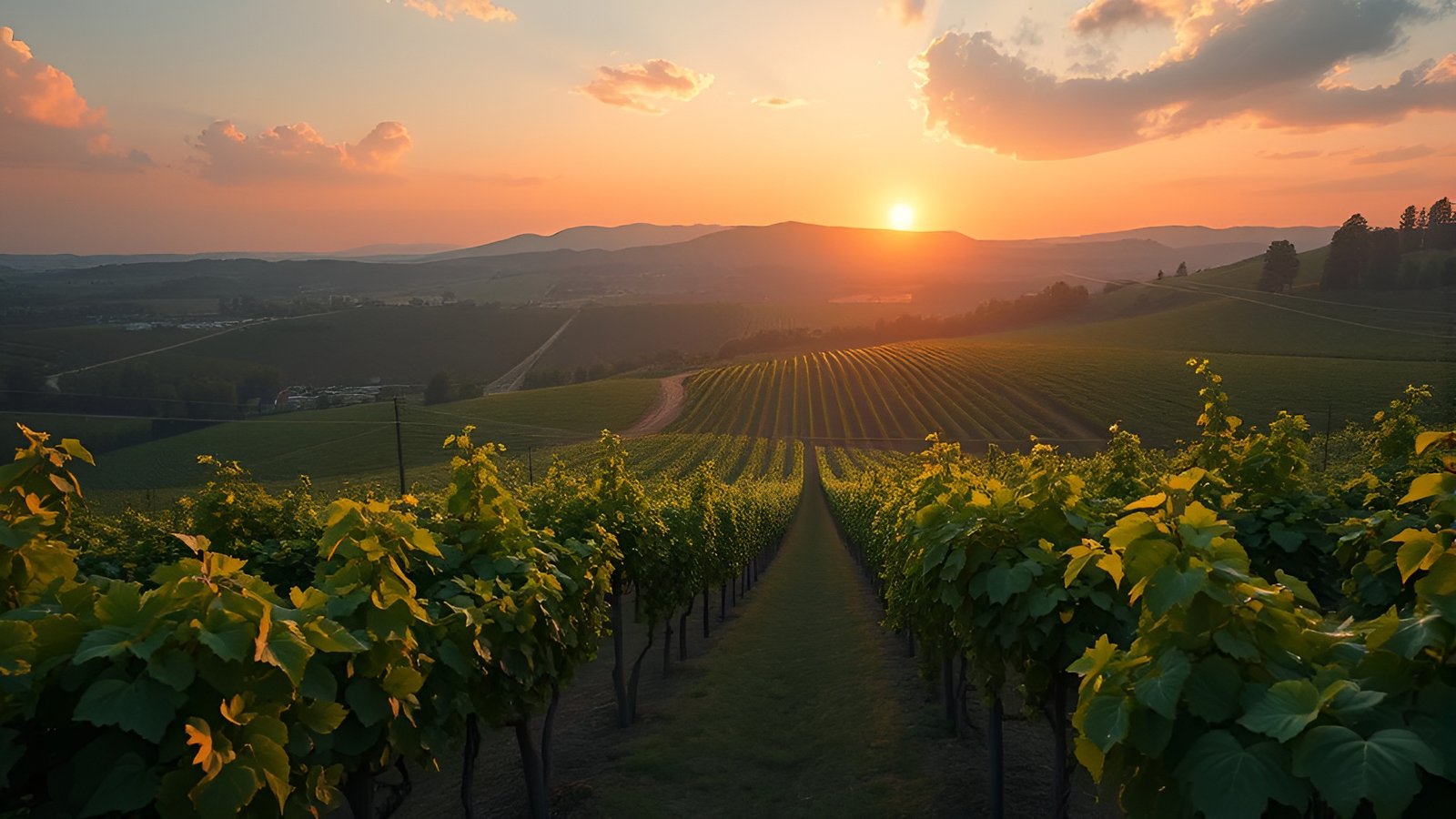Vineyard rows at sunset with an orange sunset sky and green vines in Tuscany style