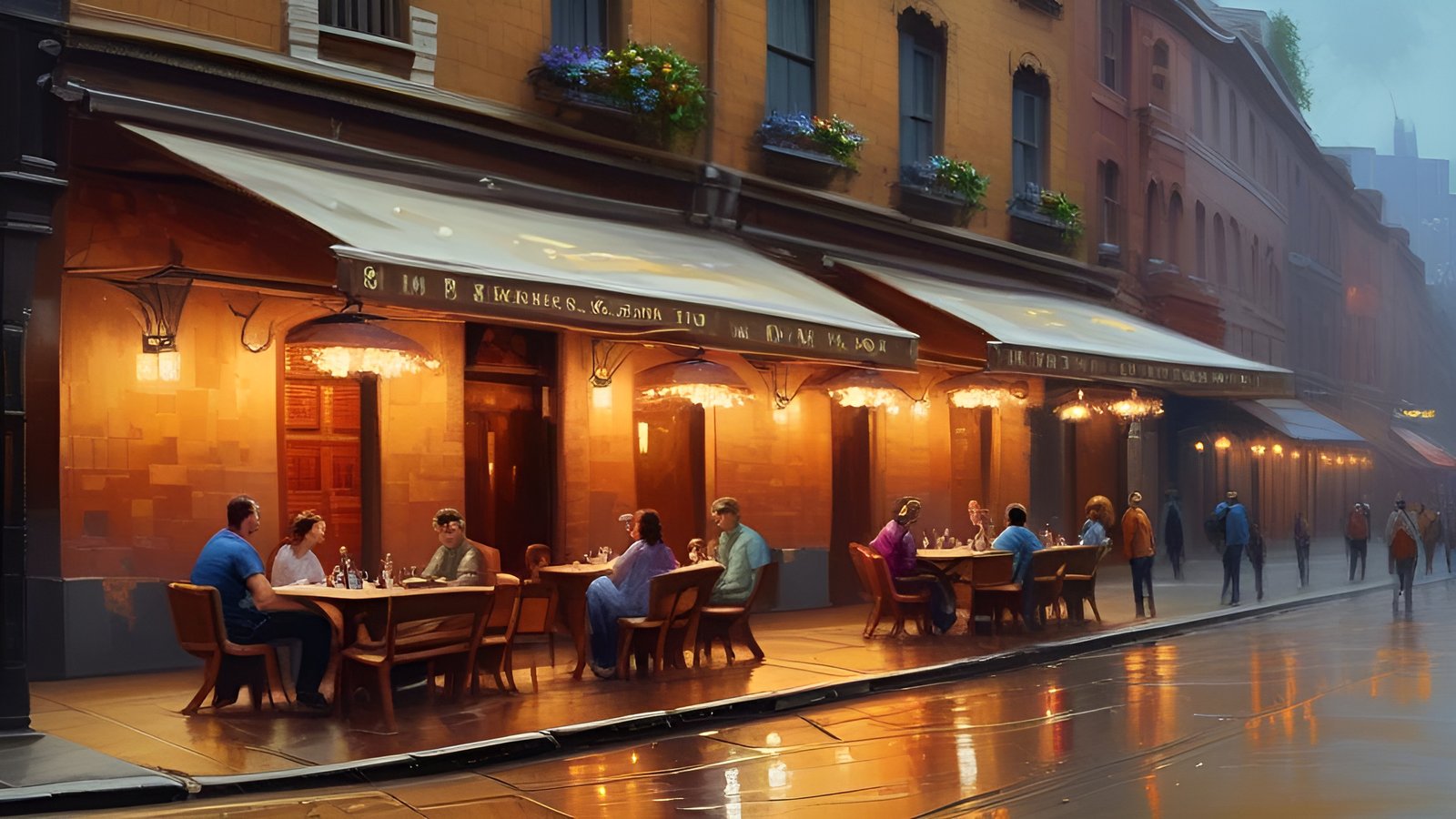An oil painting style night cafe terrace on a wet street with diners at wooden tables and cream awnings