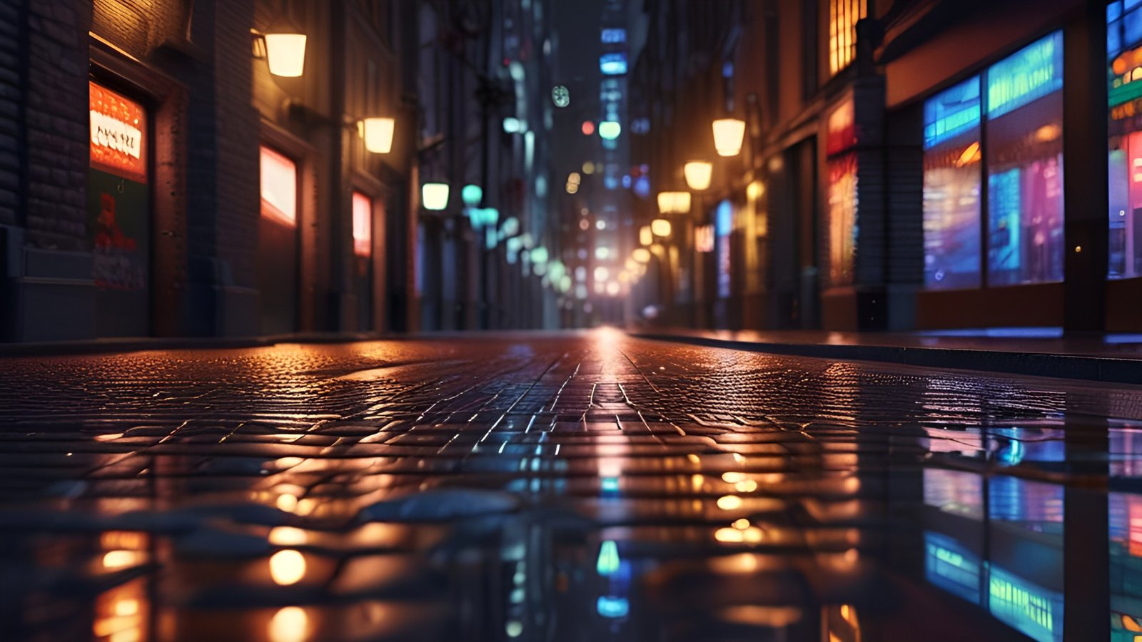 Night city alley with neon lights and reflections on wet pavement from street lanterns