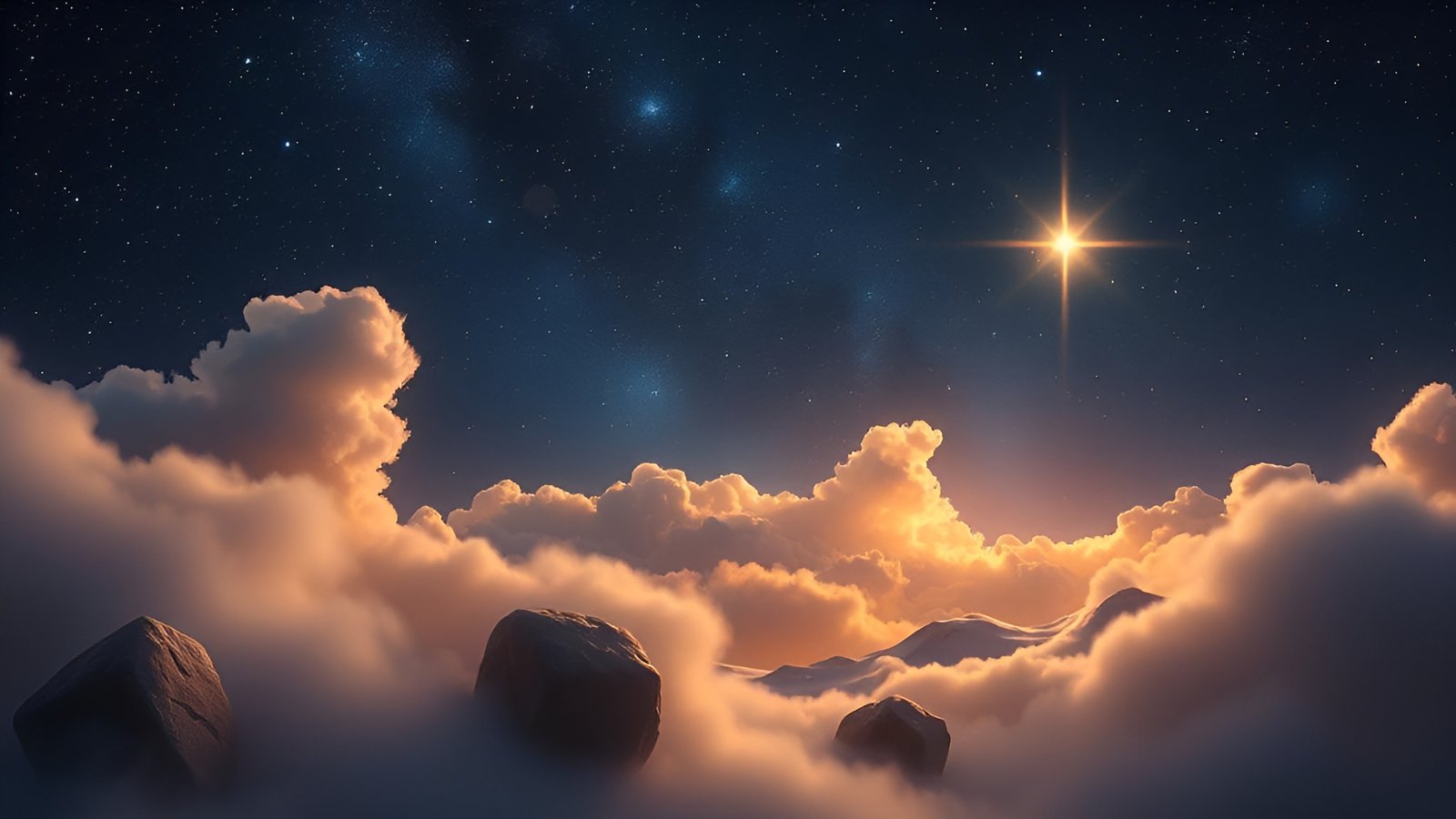 A creative photograph of a night sky with a bright gold star above peach clouds and snow-capped peaks